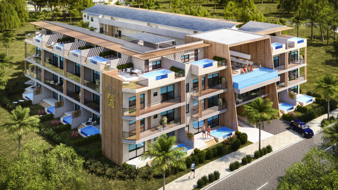 A modern multi‑story apartment building with glass balconies, terraces, and blue pool edges set among lush landscaping.