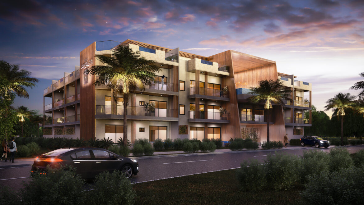 Modern multi-story residential building with glass balconies and wooden panels at dusk, palm trees in the foreground.
