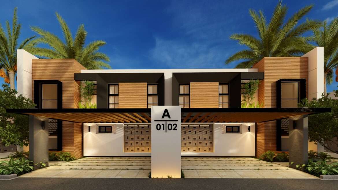 Modern contemporary house façade with wood panels, white walls, and a central sign 'A 01|02' flanked by pillars and palm trees under a blue sky.