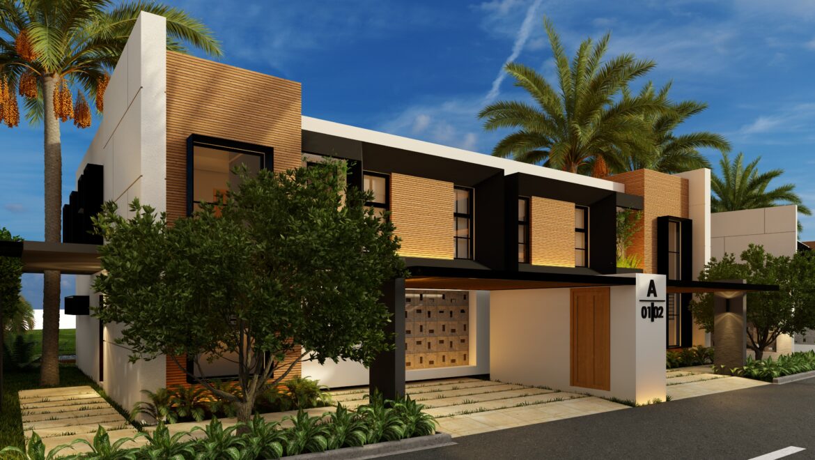 Modern townhouse building with wood horizontal slats, white walls, and black window frames amid palm trees and landscaping.