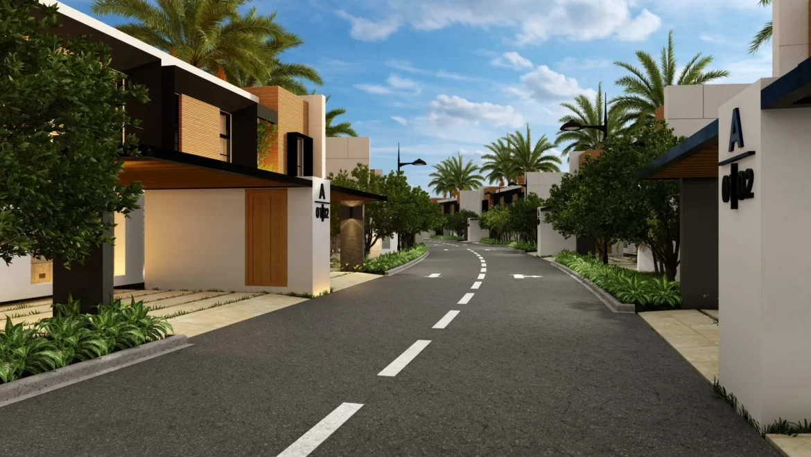 Modern residential street with contemporary white and wood-clad houses, palm trees, and a winding road lined with greenery.