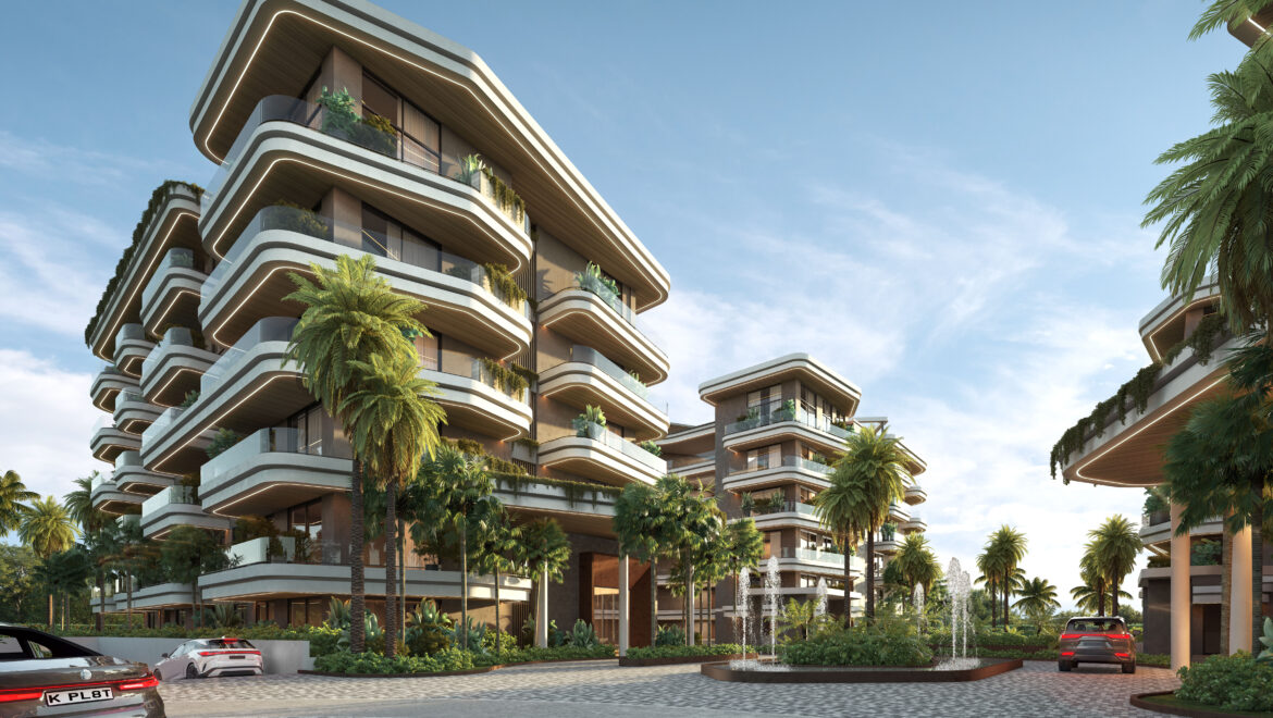 Modern glass-and-concrete apartment building with rounded balconies and palm trees under a blue sky, architectural rendering.