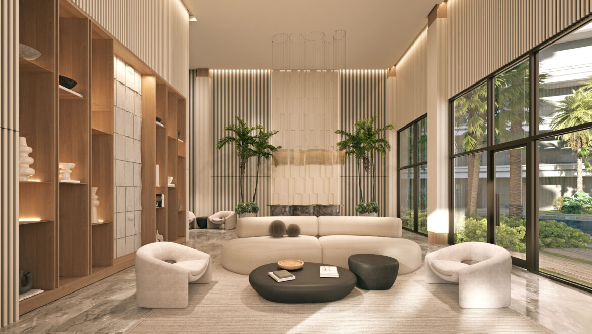 Luxurious modern living room with curved beige sofas, marble floors, tall windows, and wooden shelves along the left wall, illuminated by warm lighting.