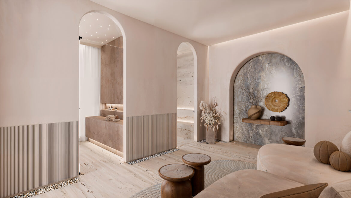 Zen spa lounge with curved seating, warm beige walls, and round wooden stools around a marble-topped table cluster.