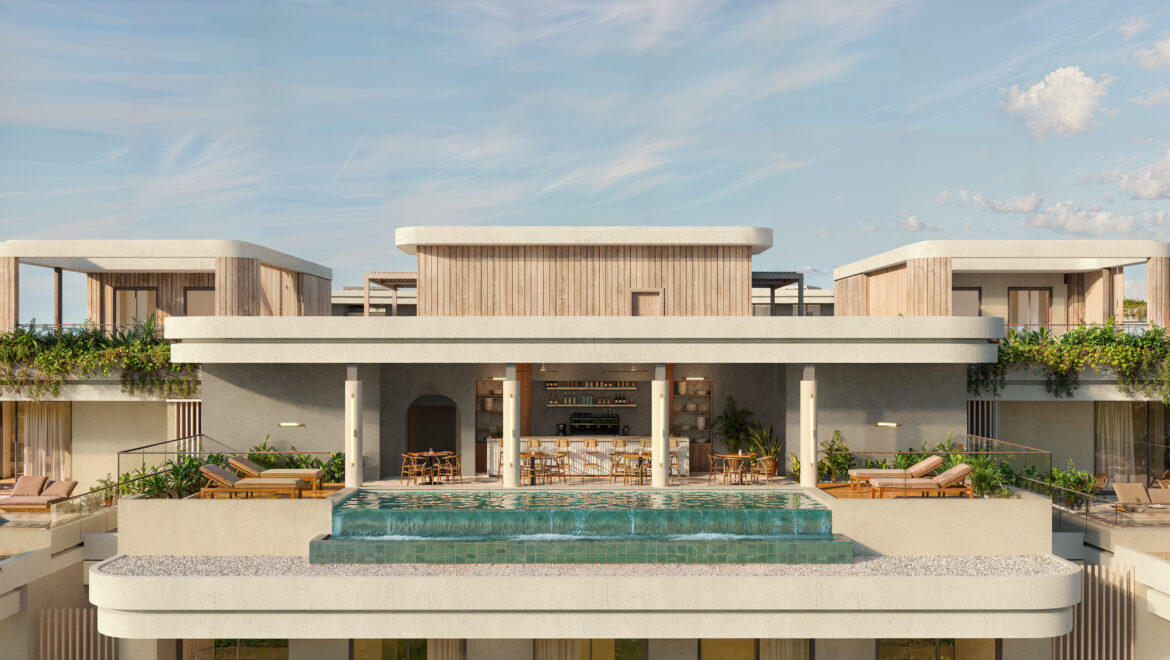 Modern multi-level resort facade with an open-air bar, wooden panels, and a central swimming pool under a blue sky.