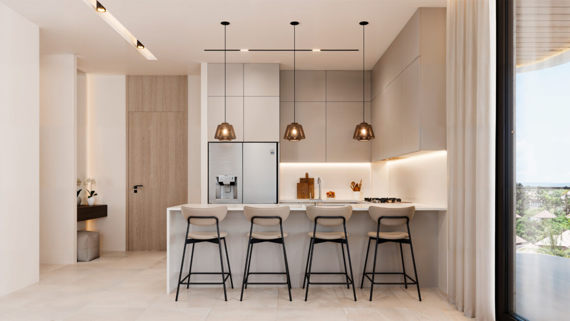 Modern kitchen with beige cabinets, stainless fridge, and a white island with four beige bar stools, bright and minimalist.