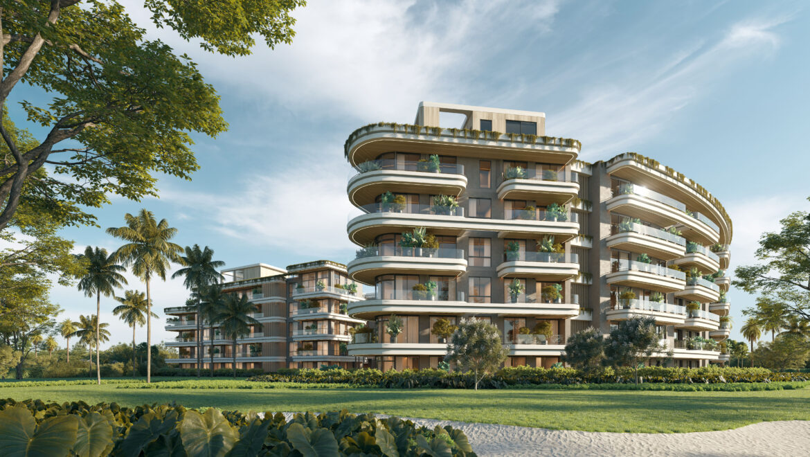 Modern curved apartment building with multiple balconies and greenery, set in a tropical landscape under a blue sky