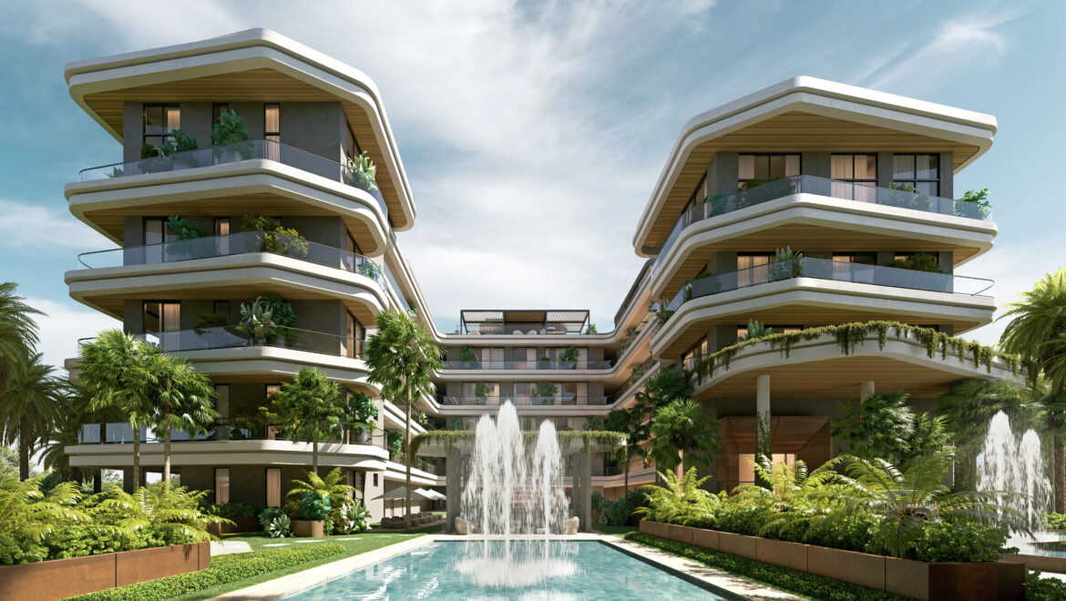 Two- and three-story futuristic apartment blocks with curved white balconies and glass railings, lush plants surrounding a central water feature.