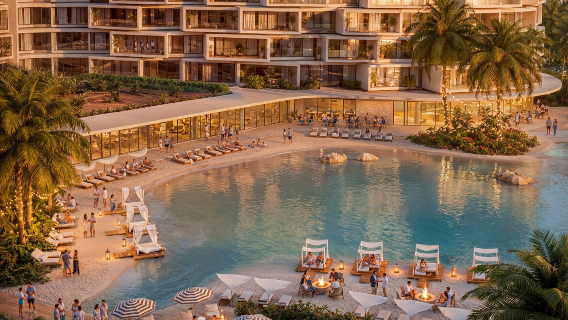 Sunset-view resort with multi-level balconies, palm trees, and a sandy beach by a turquoise pool where guests dine and socialize.