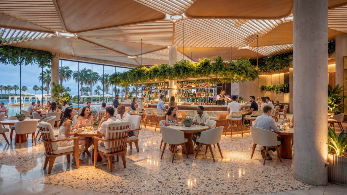 Open-air restaurant by a pool with palm trees outside, guests at round tables enjoying meals.