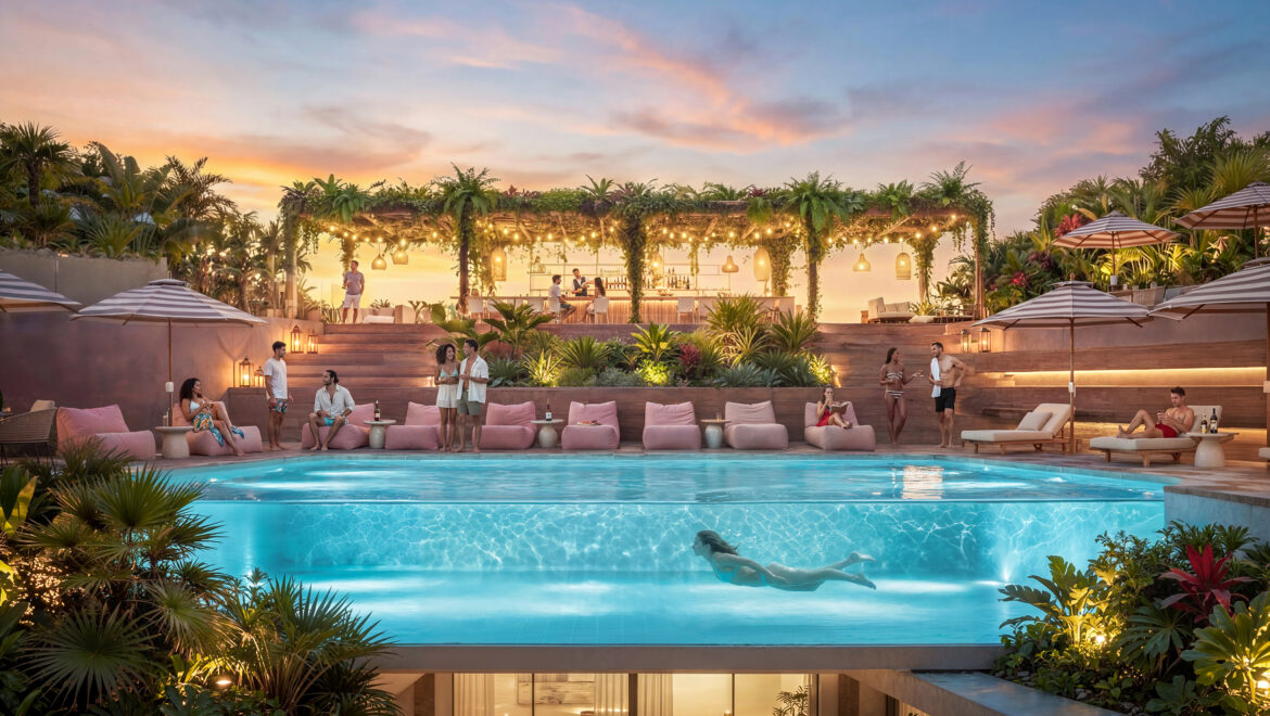 Sunset poolside party at a tropical resort with a vine-covered bar area, string lights, and lounge seating by a bright blue pool