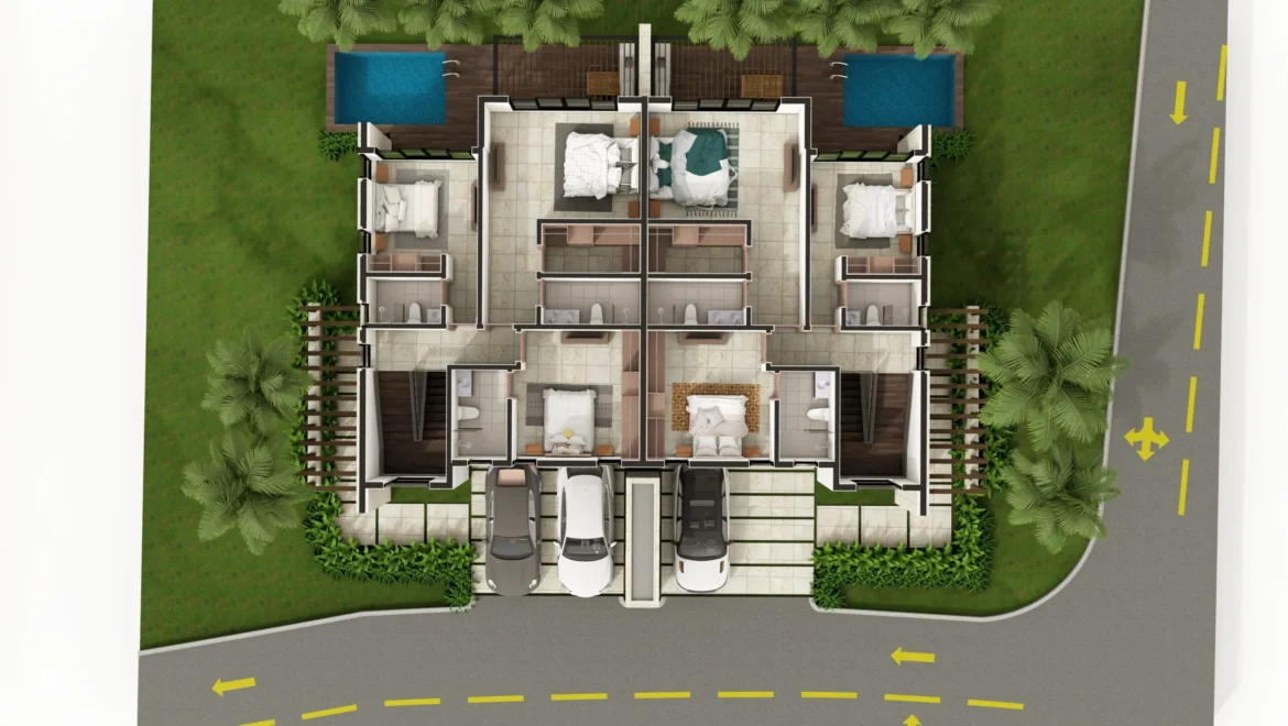 Top-down architectural view of a multi-unit apartment with a central corridor, multiple bedrooms and bathrooms, entryways, and parking for three cars at the front, plus rear outdoor pools and greenery.
