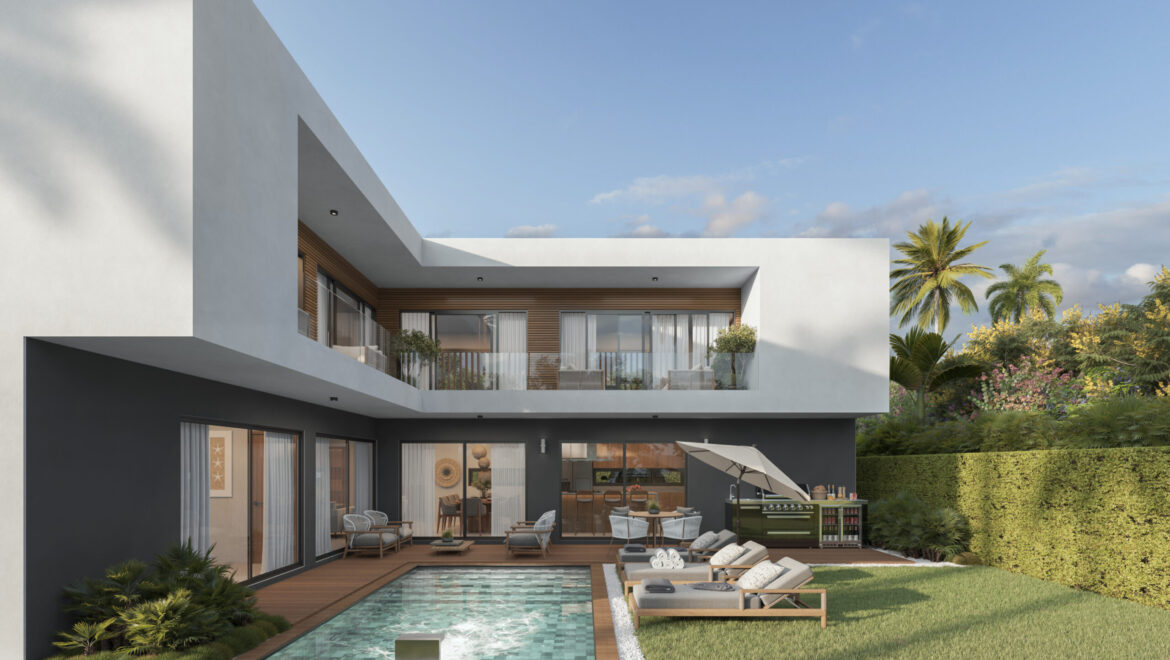 Modern two-story house with glass doors, wooden shutters, and a rectangular backyard pool on a wooden deck.