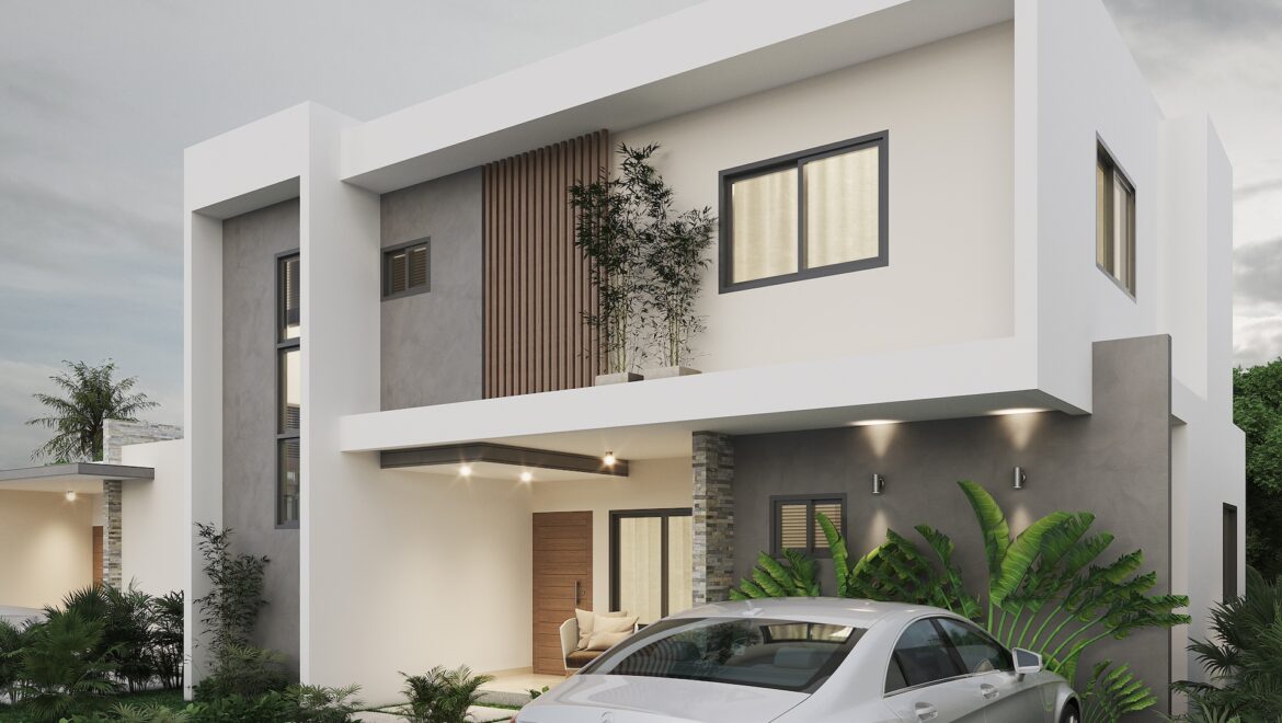 Modern white, multi-level house with geometric design, large windows, and a silver sedan in the driveway.